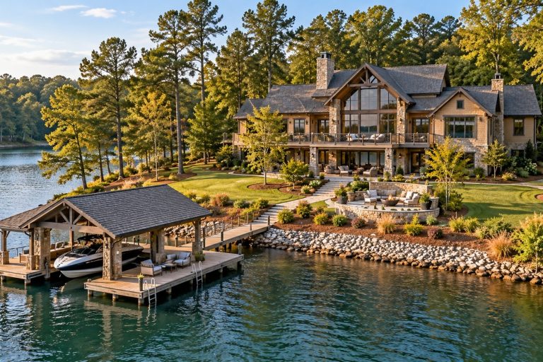 Lake Oconee waterfront home and dock illustrating routine lake home checkups of the house and outdoor areas.