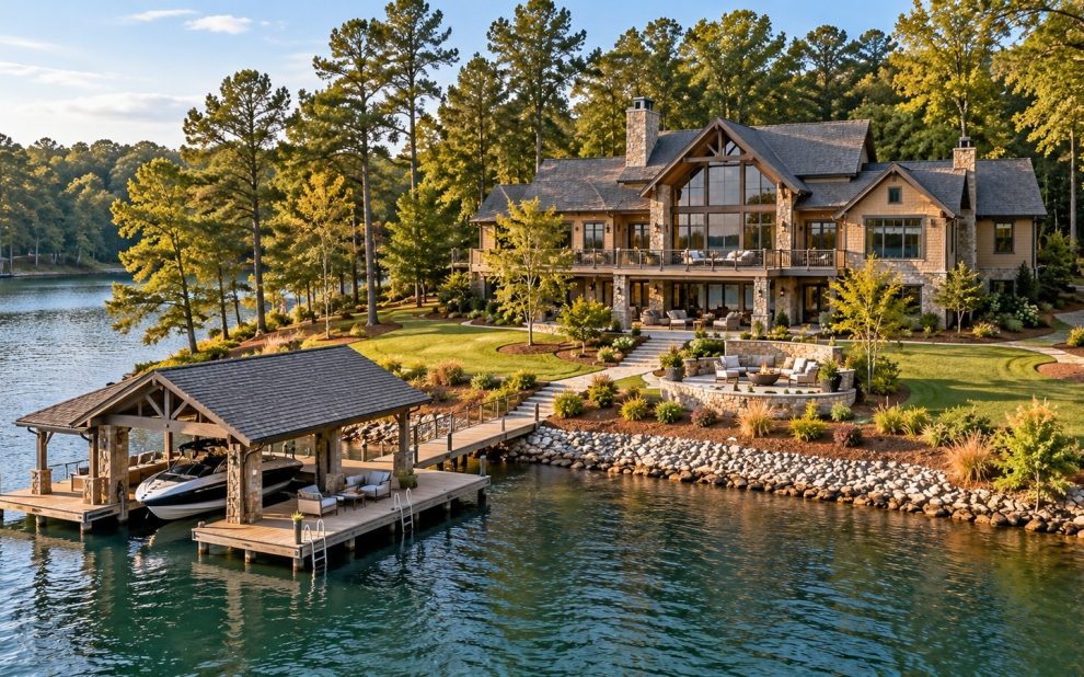 Lake Oconee waterfront home and dock illustrating routine lake home checkups of the house and outdoor areas.