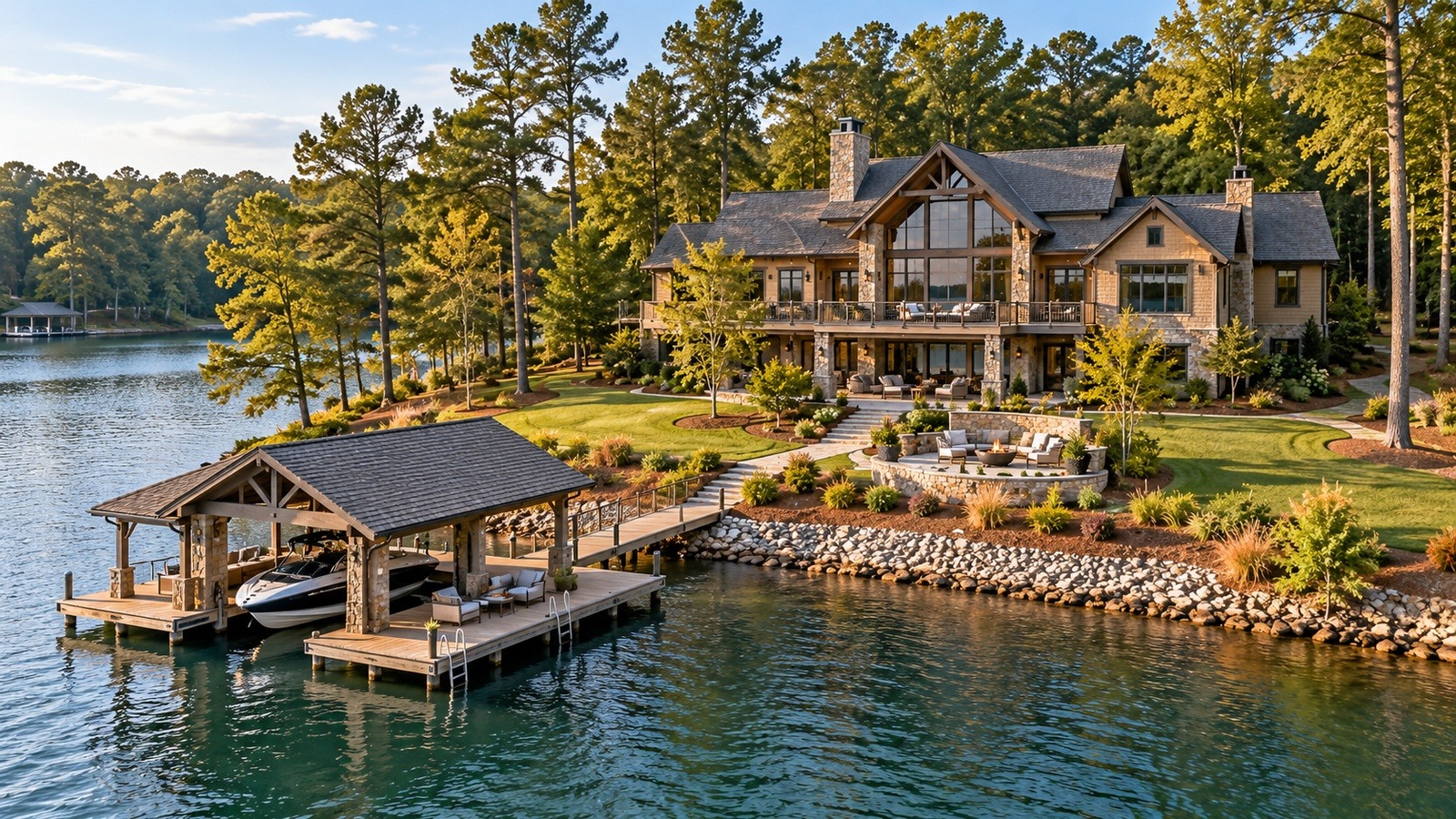 Lake Oconee waterfront home and dock illustrating routine lake home checkups of the house and outdoor areas.