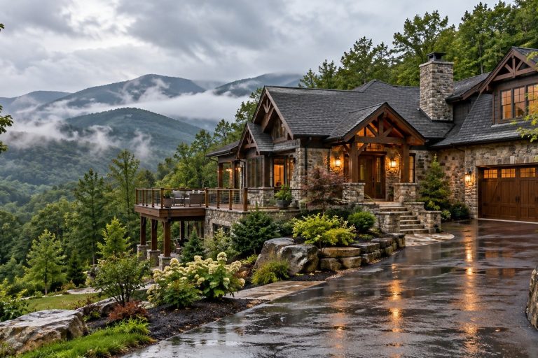 Highlands mountain home in misty conditions illustrating routine condition checks and local property oversight.