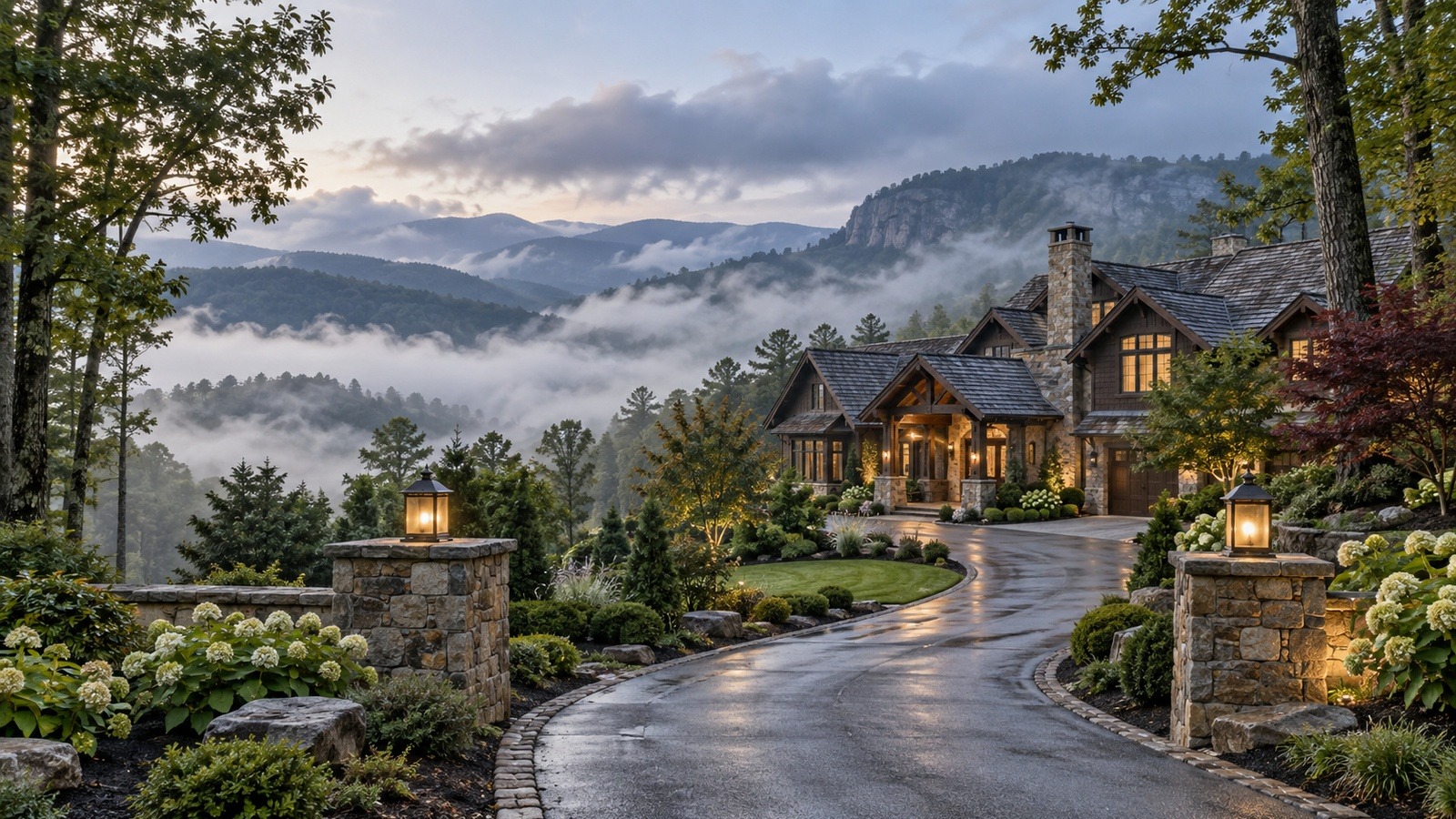 Highlands mountain home surrounded by misty mountains illustrating local home oversight for absentee owners.